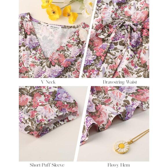 Women Boho Floral Maxi Dress Summer Beach Casual V-Neck Short Sleeve - Picture 7 of 7